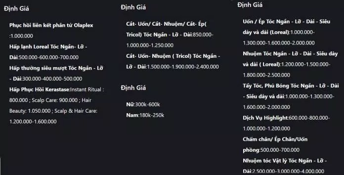 Bảng giá tại Aki Hairdressing Salon (Nguồn: Aki Hairdressing Salon )