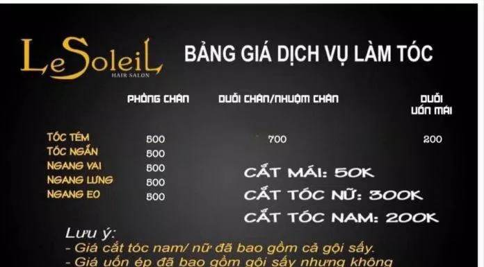 Bảng giá tại Le Soleil Hair (Nguồn: Le Soleil Hair)