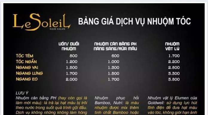 Bảng giá tại Le Soleil Hair (Nguồn: Le Soleil Hair)