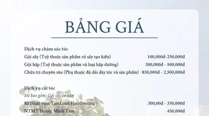 Bảng giá tại Tâm Loan Hairdressing (Nguồn: Tâm Loan Hairdressing)