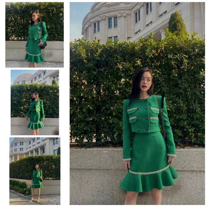 Một thiết kế vô cùng bắt mắt khi kết hợp áo khoác croptop và chân váy đuôi cá giúp tôn lên vẻ đẹp gợi cảm của người mặc. (nguồn: Internet).