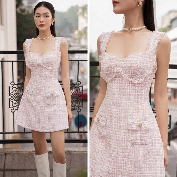 Chất liệu tweed hồng ánh kim giúp tôn lên vẻ đẹp sang trọng, gợi cảm của người phụ nữ. (nguồn: Internet).