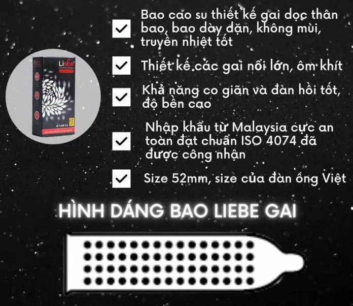 Bao cao su gai Liebe có gai lớn và chất liệu đàn hồi bền chắc (Ảnh: Internet). Bao cao su gai Liebe có gai lớn và chất liệu đàn hồi bền chắc (Ảnh: Internet).