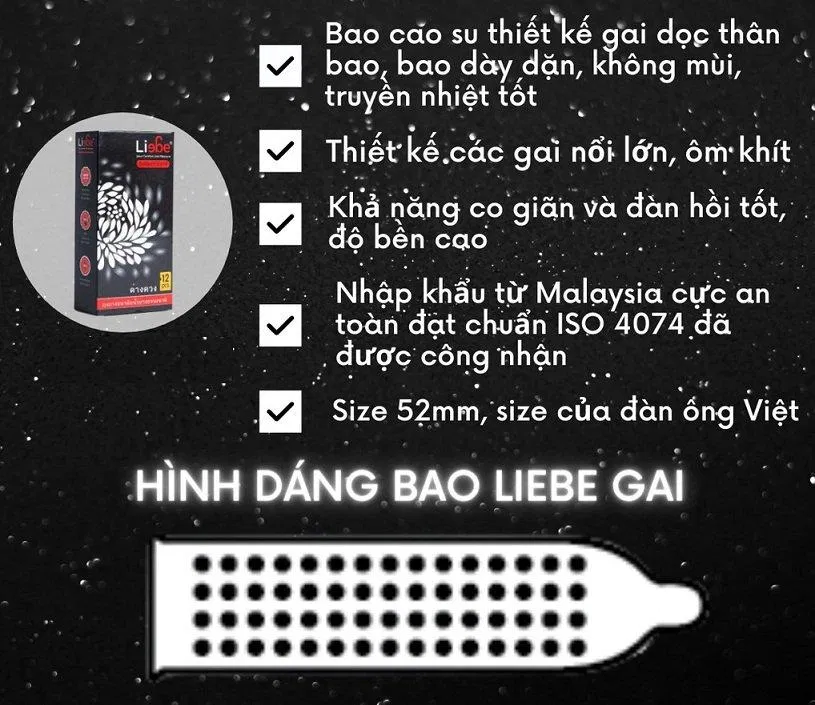 Bao cao su gai Liebe có gai lớn và chất liệu đàn hồi bền chắc (Ảnh: Internet).