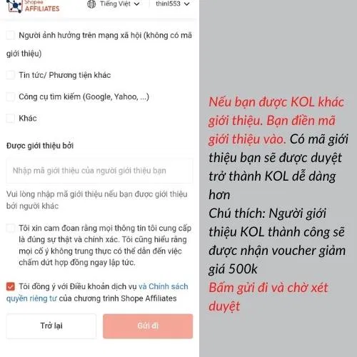 Các bước đăng ký kiếm tiền từ Shopee Affiliate dành cho KOL (Nguồn: BlogAnChoi). Các bước đăng ký kiếm tiền từ Shopee Affiliate dành cho KOL (Nguồn: BlogAnChoi).