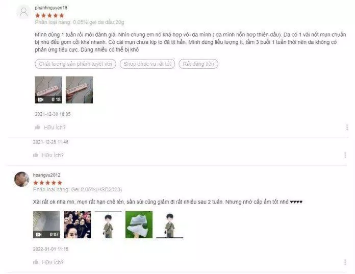 Đánh giá từ khách hàng sử dụng Tretinoin Gel USP Aret Menarini (Nguồn: Internet)