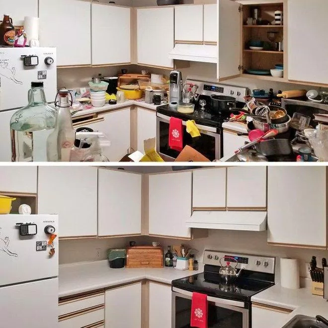 Bức ảnh chụp khu vực bếp trước và sau khi dọn dẹp cho thấy ngôi nhà trông sẽ tươm tất và đáng sống hơn khi bạn biết cách sắp xếp và dọn dẹp (Nguồn: Internet).