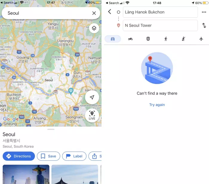 Ứng dụng Google Maps sẽ chỉ hiển thị một cách tương đối các địa điểm tại Hàn Quốc. Bạn sẽ không thể sử dụng tính năng chỉ đường tại đây (Ảnh: BlogAnChoi)