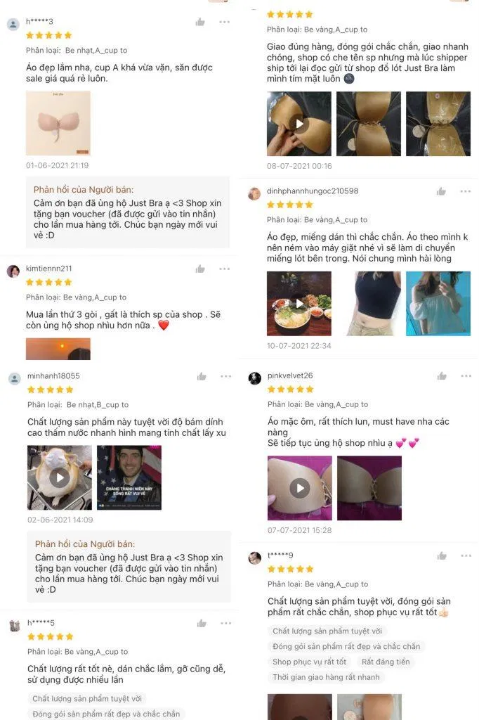 Đánh giá khách hàng trên Shopee về miếng dán ngực Just Bra dây rút tạo khe, nâng ngực ( Ảnh: Internet)