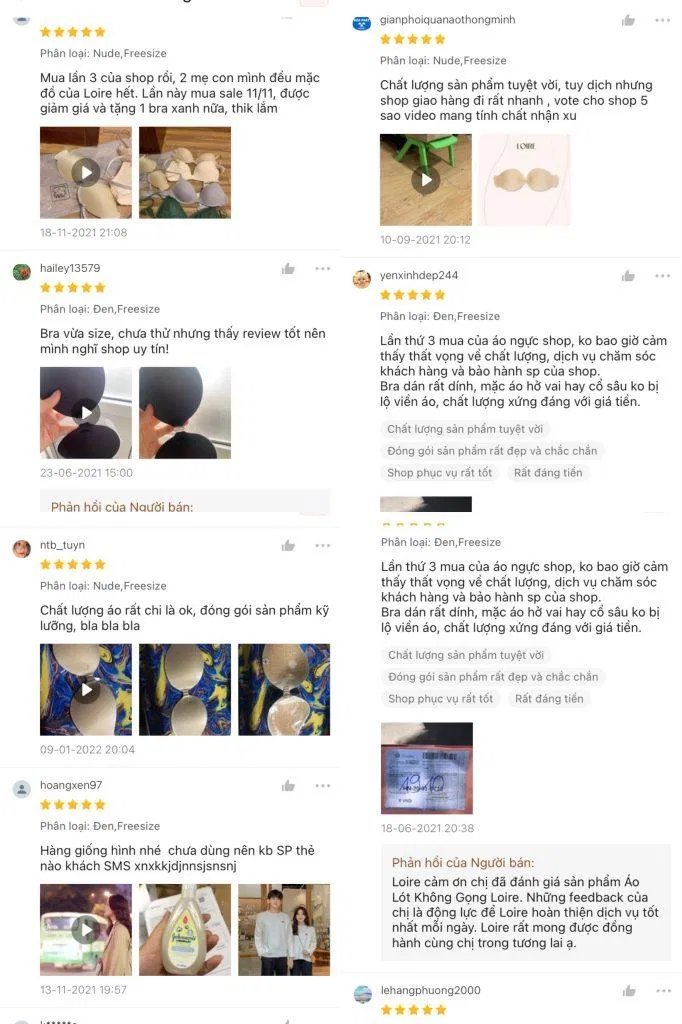 Đánh giá khách hàng trên Shopee về miếng dán ngực đệm mỏng Loirechic MD10 (Ảnh: Internet) Đánh giá khách hàng trên Shopee về miếng dán ngực đệm mỏng Loirechic MD10 (Ảnh: Internet)