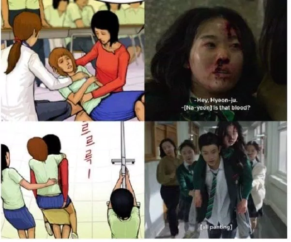 Trong phim, người cõng là Su Hyeok nhưng ở webtoon lại là y tá (Nguồn: Internet)