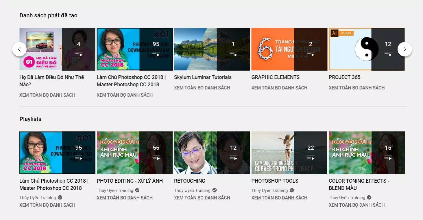 Giao diện các playlist trên kênh Thuỳ Uyên Training (Nguồn: BlogAnChoi)