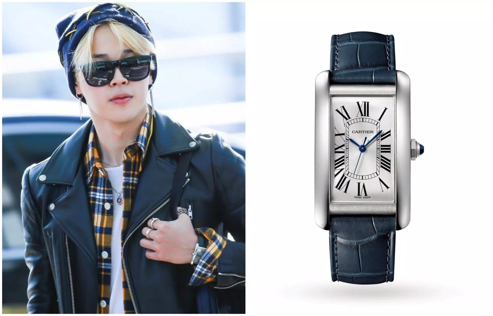 Chiếc đồng hồ Cartier rất hợp với phong cách "all-leather" (full đồ da) của Jimin (Nguồn: Internet)