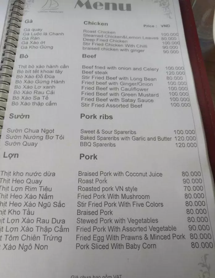 Menu của nhà hàng. (Ảnh: Internet)