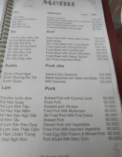 Menu của nhà hàng. (Ảnh: Internet)