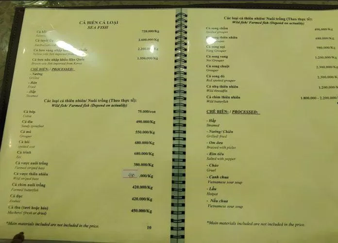 Menu của nhà hàng. (Ảnh: Internet)