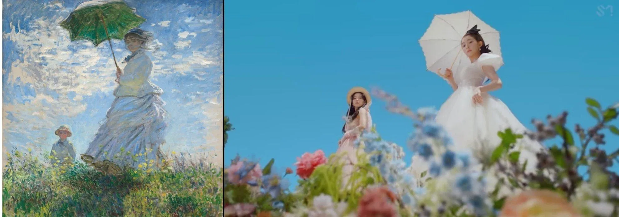 Bên trái: Bức tranh "Woman with a Parasol - Madame Monet and Her Son"- Claude Monet (Nguồn Internet) Bên phải: MV "Feel My Rhythm - Red Velvet (Nguồn: YouTube SMTOWN) Bên trái: Bức tranh "Woman with a Parasol - Madame Monet and Her Son"- Claude Monet (Nguồn Internet) Bên phải: MV "Feel My Rhythm - Red Velvet (Nguồn: YouTube SMTOWN)