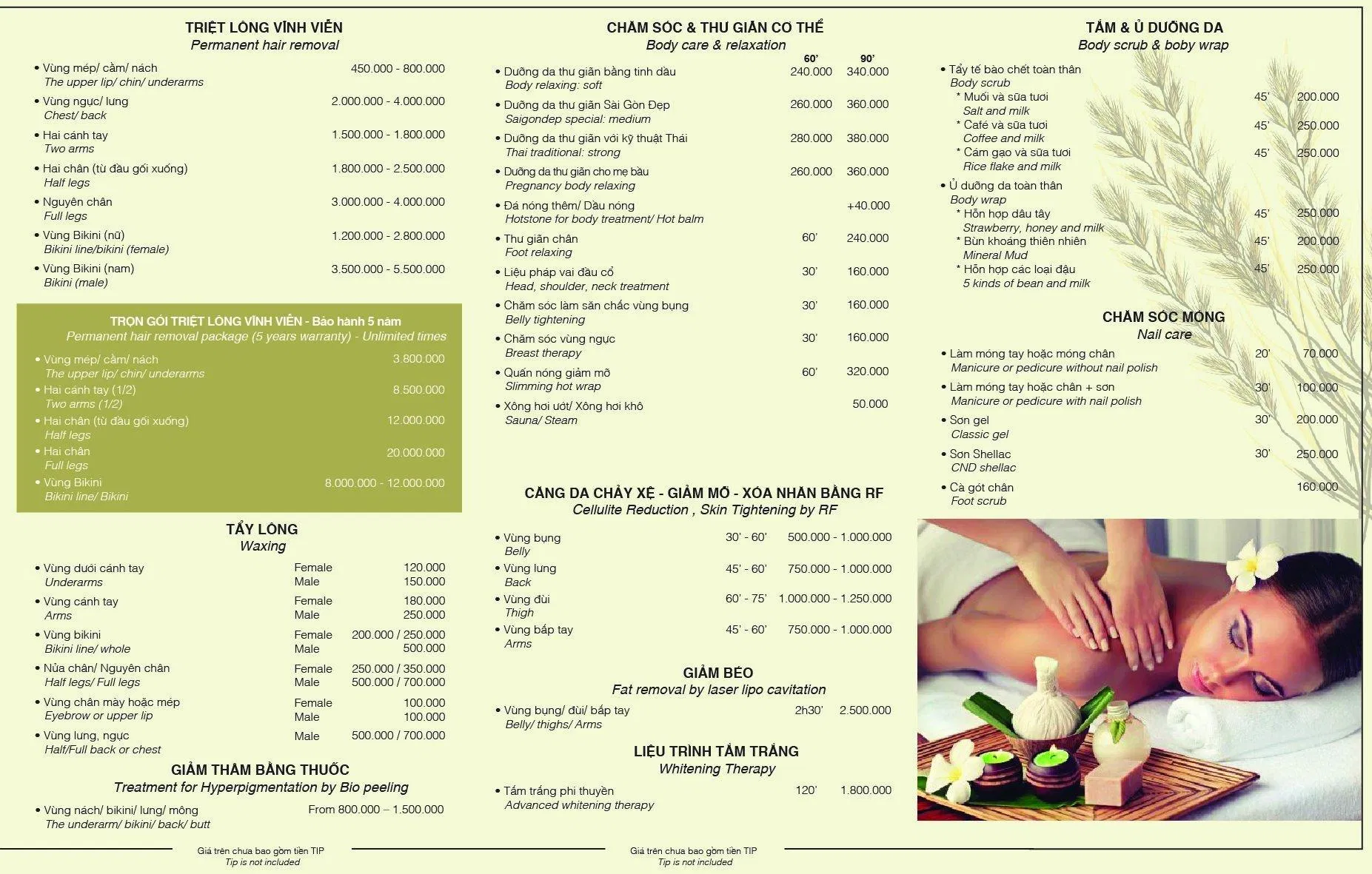 Bảng giá dịch vụ tại Saigon Eden Spa ( Nguồn: Internet) Bảng giá dịch vụ tại Saigon Eden Spa ( Nguồn: Internet)