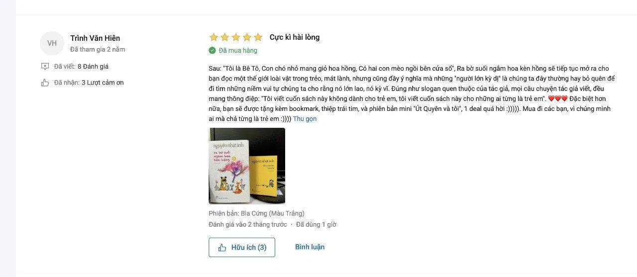Đánh gia của độc giả trên trang Tiki. Nguồn: BogAnChoi