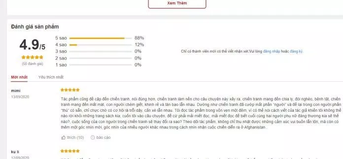 Đánh giá của độc giả về "Ngàn mặt trời rực rỡ" trên Fahasa. (Ảnh: BlogAnChoi) Đánh giá của độc giả về "Ngàn mặt trời rực rỡ" trên Fahasa. (Ảnh: BlogAnChoi)