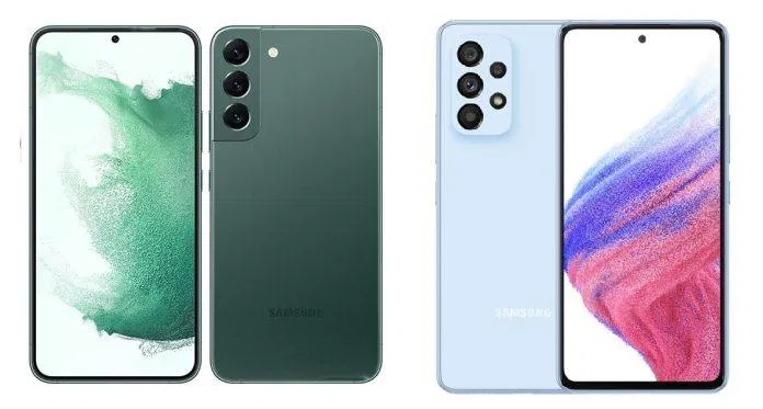 Điện thoại Galaxy S22 (trái) và A53 (phải) (Ảnh: Internet). Điện thoại Galaxy S22 (trái) và A53 (phải) (Ảnh: Internet).