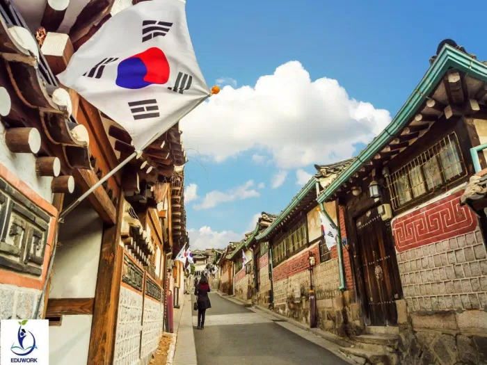 Traditional Korean style architecture at Bukchon Hanok Village in Seoul, South Korea.