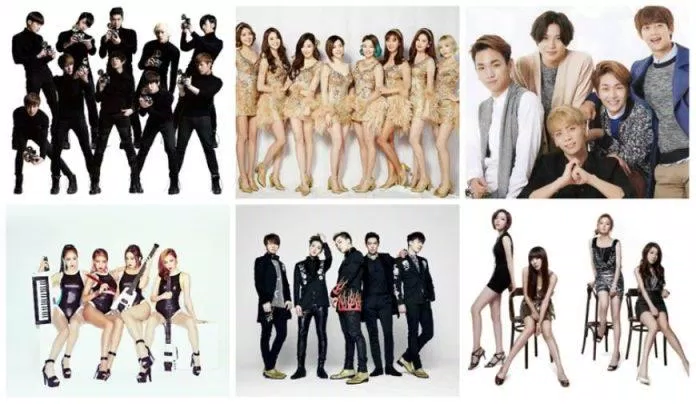 Đại diện của K-pop thế hệ 2 (từ trái qua phải): Super Junior, SNSD, SHINee, Wonder Girls, Big Bang, Brown Eyed Girls (Nguồn: Internet)