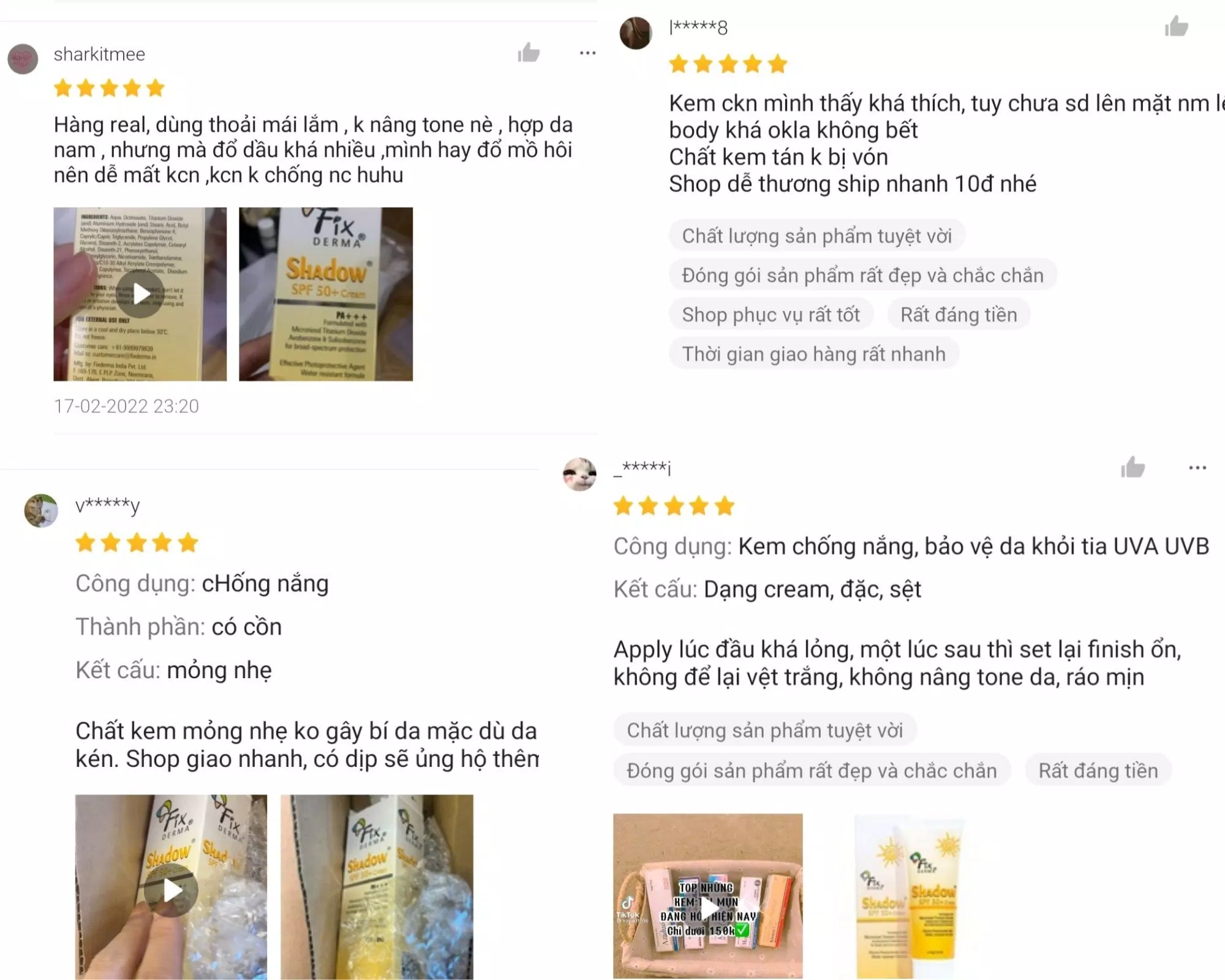 Đánh giá của khách hàng về kem chống nắng của thương hiệu Fixderma trên Shopee (ảnh: internet)