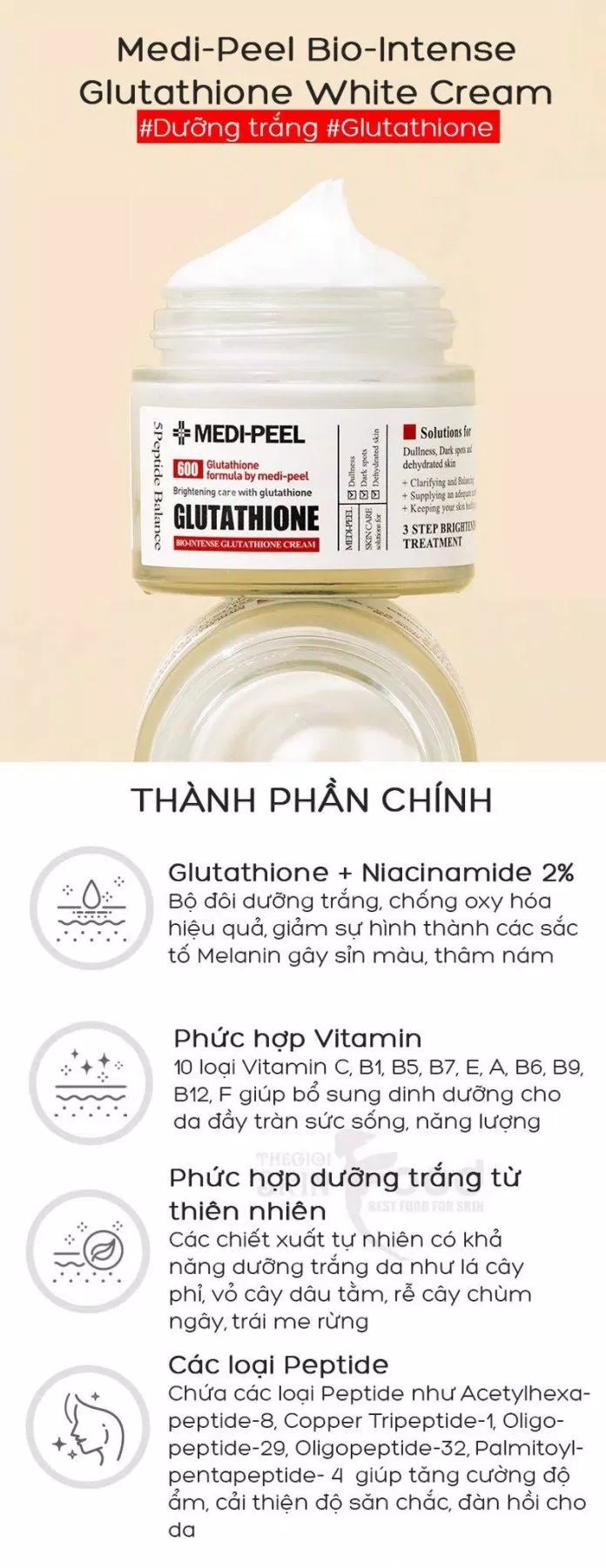 Bảng thành phần chứa nhiều dưỡng chất của kem dưỡng trắng MEDI PEEL Glutathione 600 White Cream (nguồn: internet)