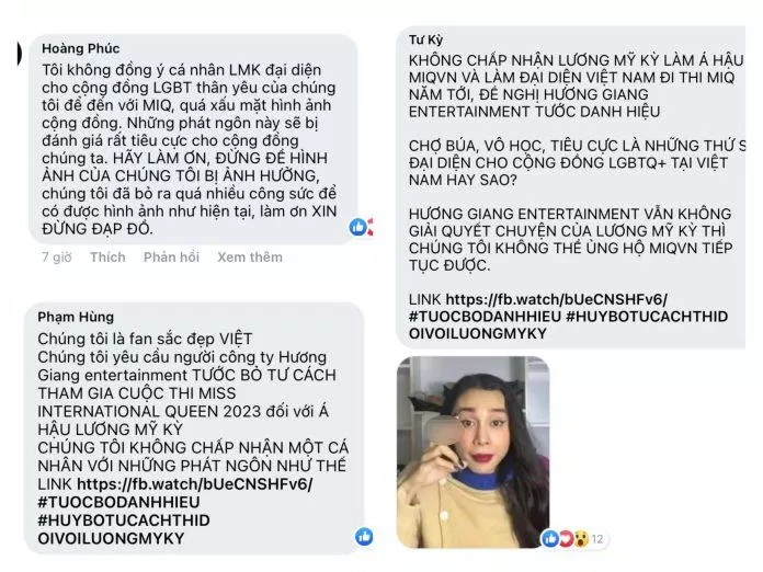 Hàng loạt bình luận bức xúc và yêu cầu BTC Miss International Queen Vietnam tước bỏ danh hiệu và quyền dự thi quốc tế của Mỹ Kỳ (Ảnh: Internet).