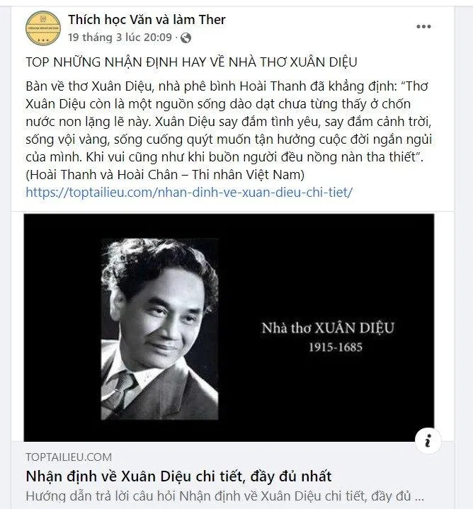 Một bài chia sẻ nhận định văn học của Thích học văn và Làm Ther. (Nguồn: BlogAnChoi)