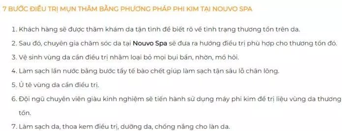 Quy trình điều trị mụn thâm chỉ với 7 bước tại spa (Nguồn: Nouvo spa) Quy trình điều trị mụn thâm chỉ với 7 bước tại spa (Nguồn: Nouvo spa)