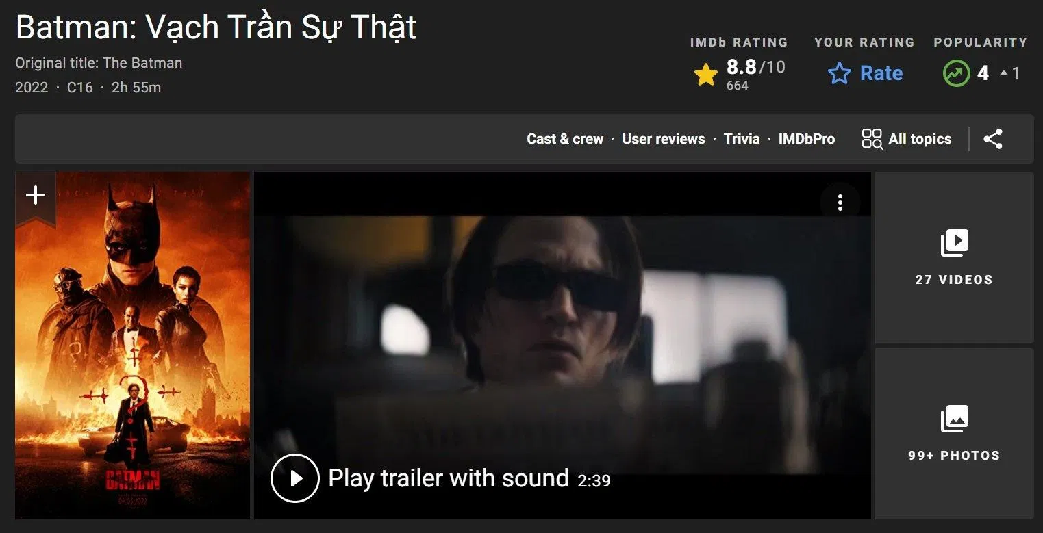 The Batman (2022) xếp top 4 phim nổi tiếng trên IMDb. (Ảnh: Internet)