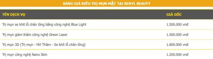 Bảng giá dịch vụ điều trị mụn mặt tại Beryl Beauty (Nguồn: Beryl Beauty & Spa) Bảng giá dịch vụ điều trị mụn mặt tại Beryl Beauty (Nguồn: Beryl Beauty & Spa)
