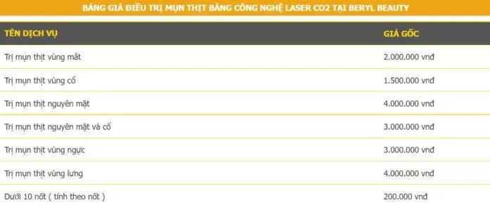 Bảng giá dịch vụ điều trị mụn tại Beryl Beauty (Nguồn: Beryl Beauty & Spa)