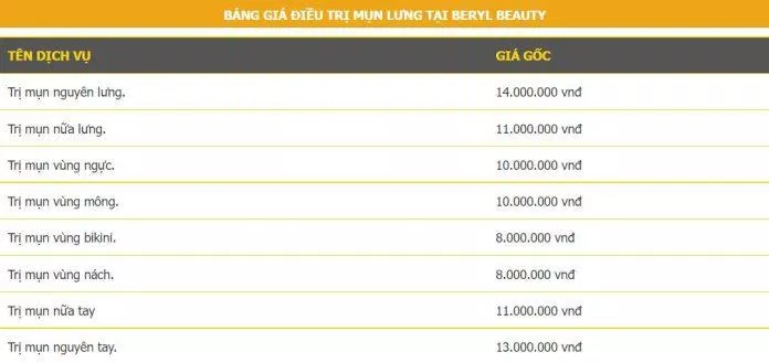 Bảng giá dịch vụ điều trị mụn tại Beryl Beauty (Nguồn: Beryl Beauty & Spa)