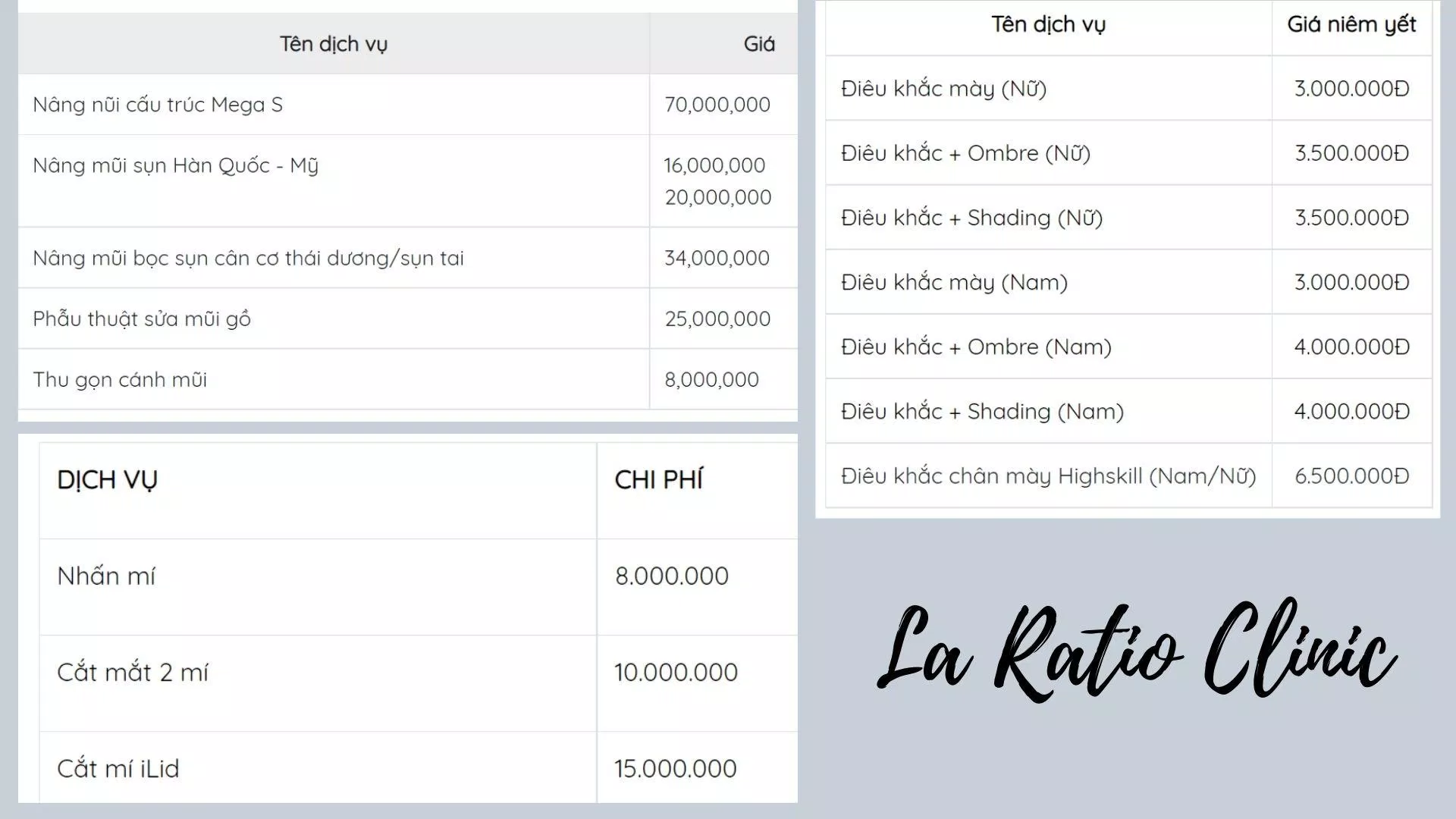 Bảng giá tham khảo tại Viện thẩm mỹ La Ratio Clinic (Nguồn: Interent)