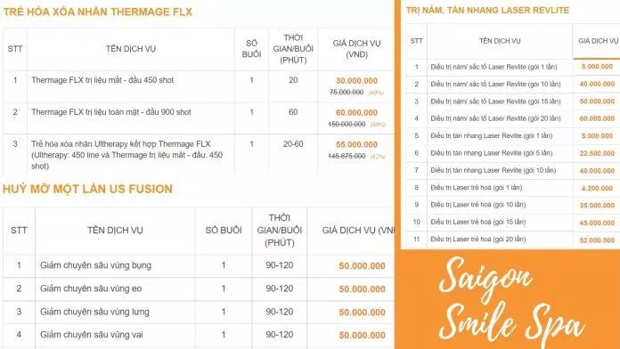 Bảng giá tham khảo tại Saigon Smila Spa (Nguồn: Internet)