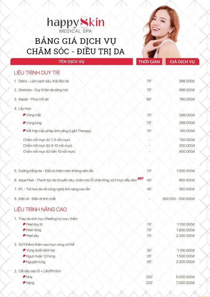 Bảng giá tham khảo các dịch vụ tại Happy Skin Beauty Clinic (ảnh: Happy Skin Beauty Clinic) Bảng giá tham khảo các dịch vụ tại Happy Skin Beauty Clinic (ảnh: Happy Skin Beauty Clinic)