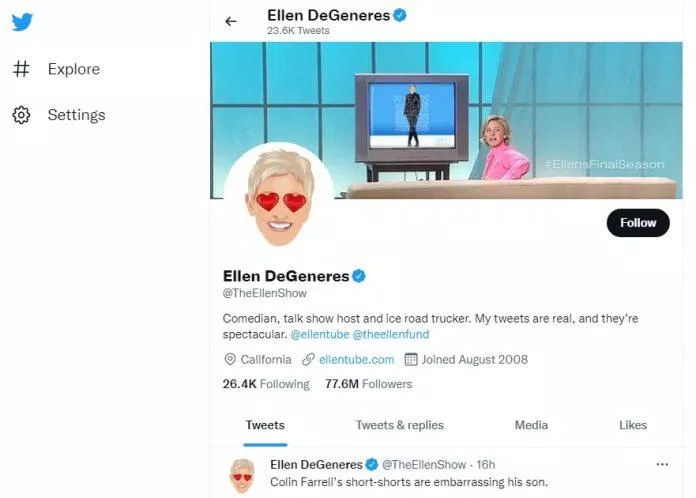 Tài khoản Twitter của Ellen DeGeneres (Nguồn: BlogAnChoi) Tài khoản Twitter của Ellen DeGeneres (Nguồn: BlogAnChoi)
