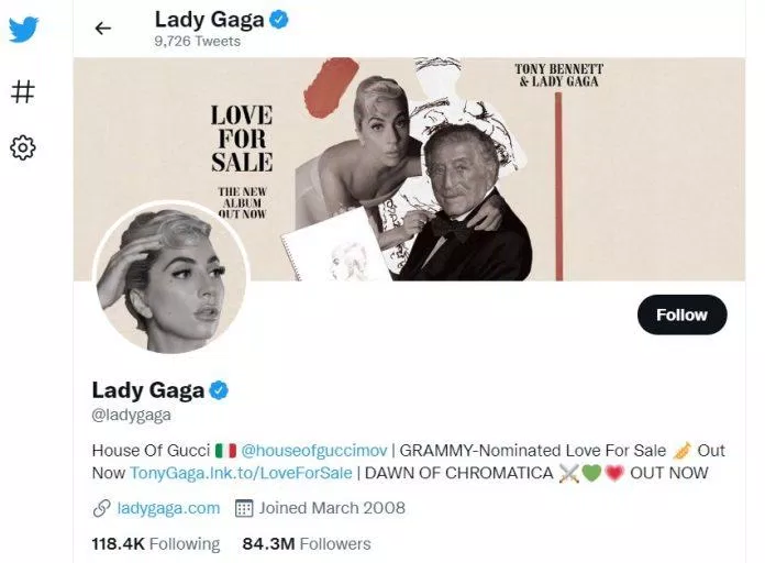 Tài khoản Twitter của Lady Gaga (Nguồn: BlogAnChoi) Tài khoản Twitter của Lady Gaga (Nguồn: BlogAnChoi)