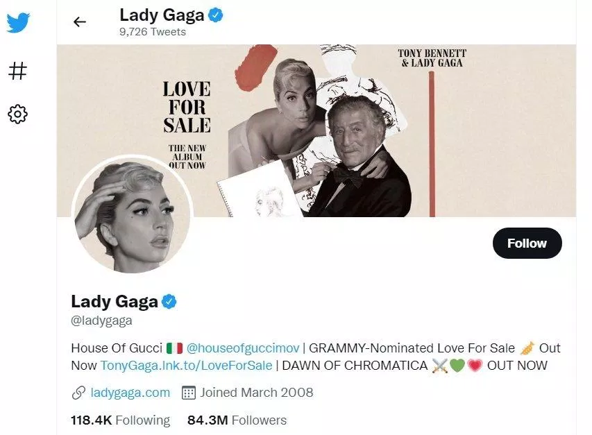 Tài khoản Twitter của Lady Gaga (Nguồn: BlogAnChoi)