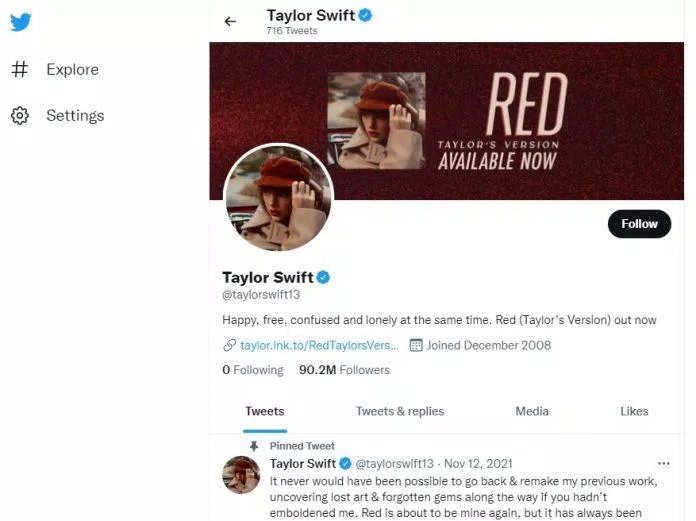 Tài khoản Twitter của Taylor Swift (Nguồn: BlogAnChoi)