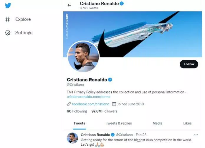 Tài khoản Twitter của Ronaldo (Nguồn: BlogAnChoi)