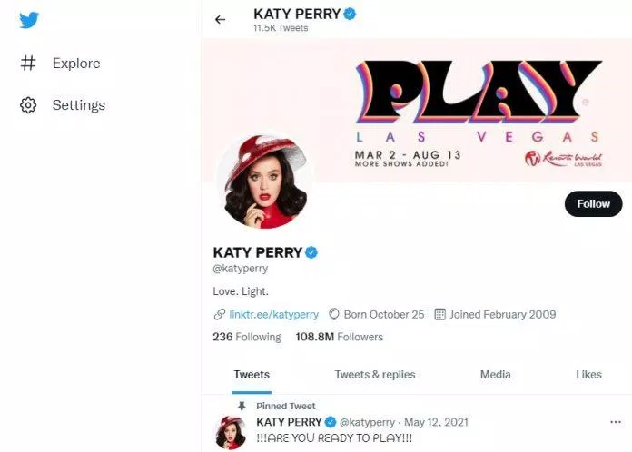 Tài khoản Twitter của Katy Perry (Nguồn: BlogAnChoi) Tài khoản Twitter của Katy Perry (Nguồn: BlogAnChoi)