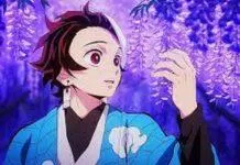 Vẻ đẹp của Tanjirou khi đứng trong vườn hoa tử đằng (Ảnh: Internet)