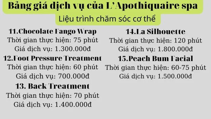 Bảng giá dịch vụ của L’Apothiquaire spa( Nguồn: Internet)