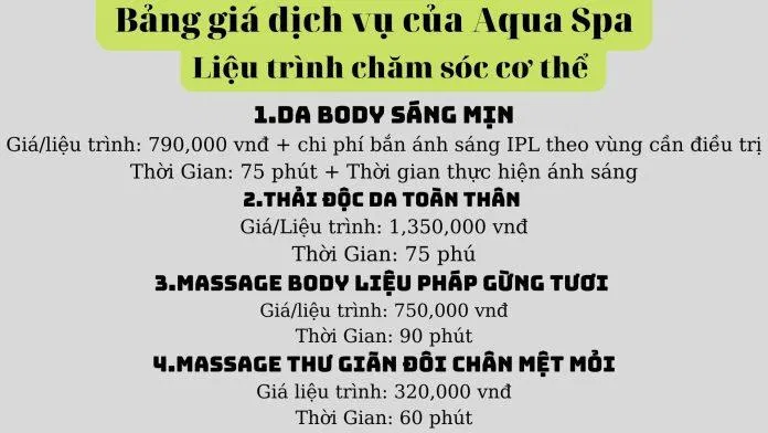 Bảng giá dịch vụ của Aqua Spa( Nguồn: Internet) Bảng giá dịch vụ của Aqua Spa( Nguồn: Internet)