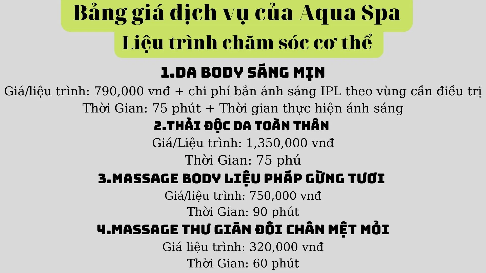 Bảng giá dịch vụ của Aqua Spa( Nguồn: Internet) Bảng giá dịch vụ của Aqua Spa( Nguồn: Internet)