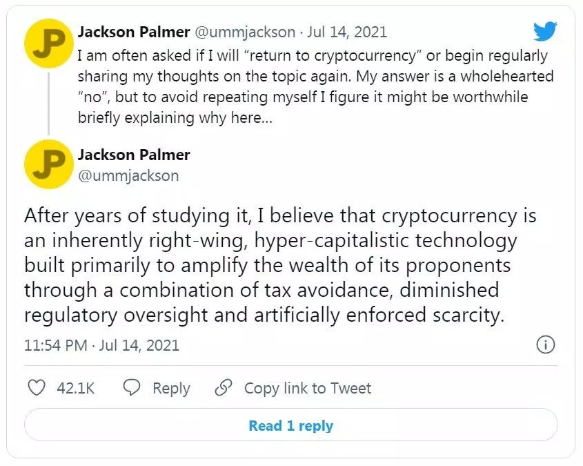 Jackson Palmer chỉ trích Dogecoin và tiền ảo nói chung (Ảnh: Twitter).